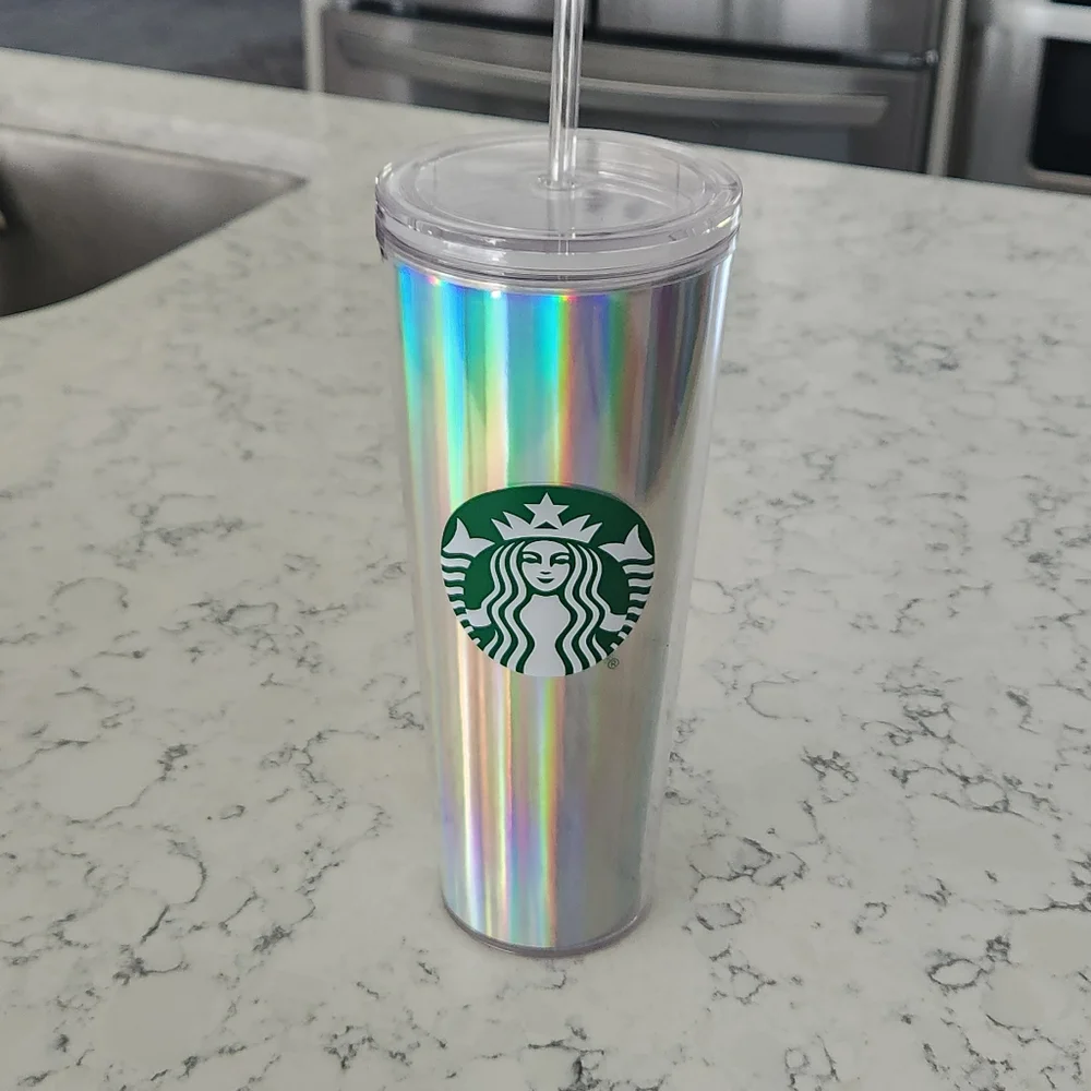 Starbucks Iridescent Silver Tumbler With Straw 24 Oz. Never Used